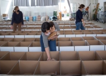 מתנדבי "תרבות של סולדריות" מכינים מארזי מזון לחלוקה לנזקקים| צילום: מרים אלסטר, פלאש 90